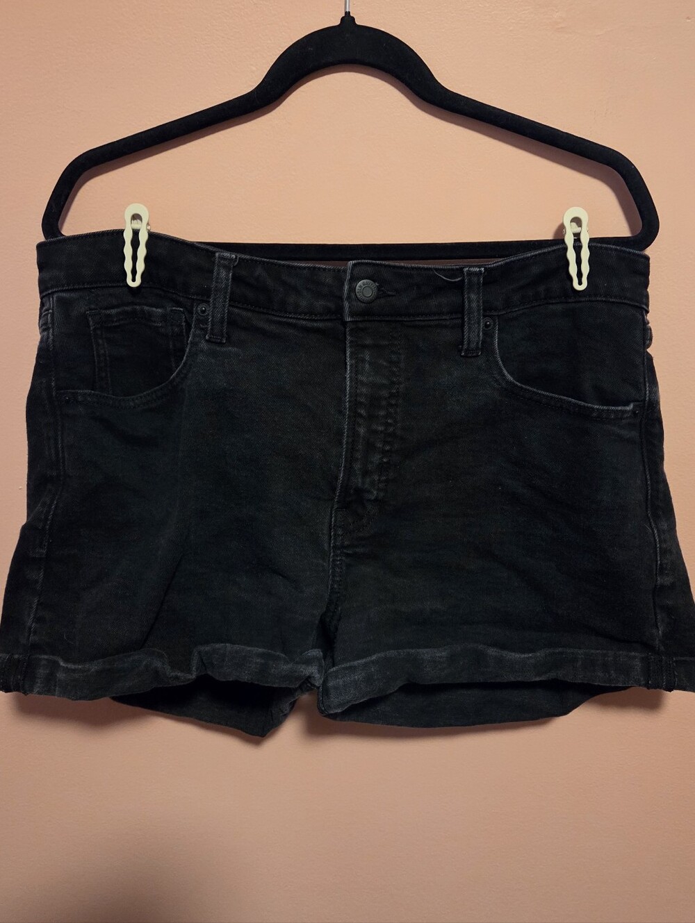 Black Denim High Rise Roll Hem Shorts